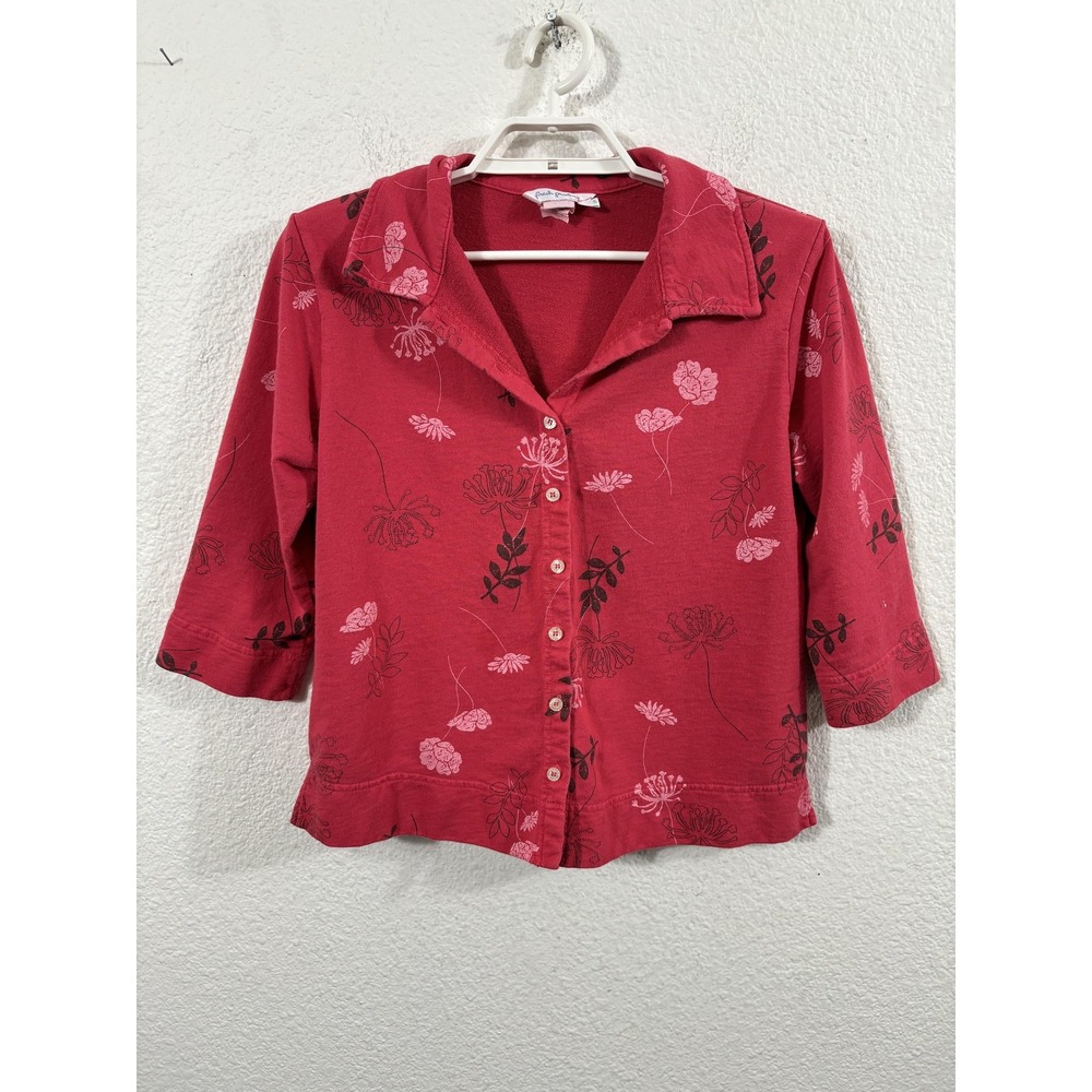 Fresh Produce Shirt Womens Small Red Floral Button Front 3/4 Sleeve Cotton USA